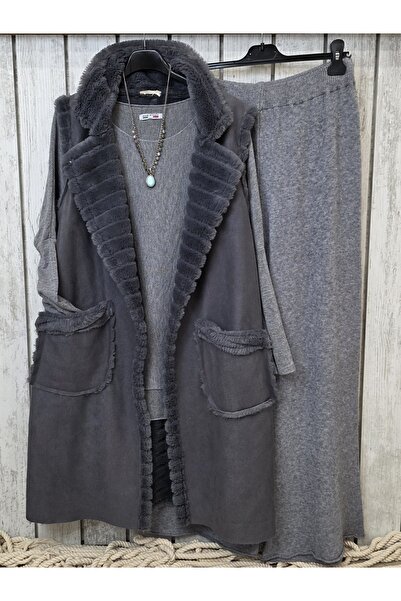 pudubutik Long Nubuck Vest with Fur Inside Anthracite