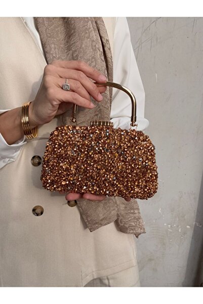 Çanta Trend Kristal Dökme Rose Taşlı Burslu Kadın El Ve Uzun Zincir Askılı Abiye Çanta