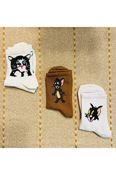 AL Bİ 90LIK Set of 3 Tom&Jerry and Kitten Themed College Socks