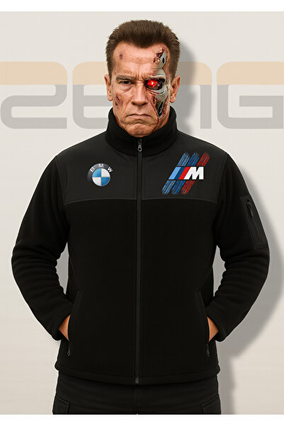 ZENG Black Mpower Printed Men's Fleece Cardigan Coat Softshell Detailed