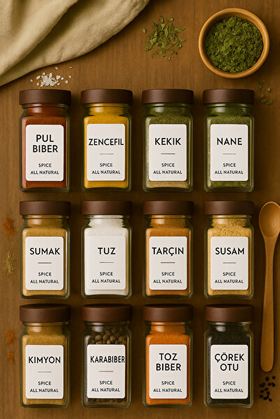 DailyHome Ahşap Kapaklı Cam Baharatlık Seti – 12’li, Etiketli ve Düzenleyici ...