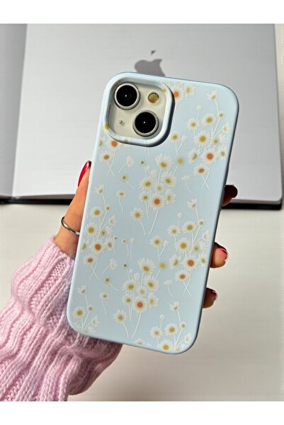 KVK PRİVACY iPhone 13/14/15 Uyumlu Papatya Desenli Mavi Lansman Liquid Silikon Kılıf