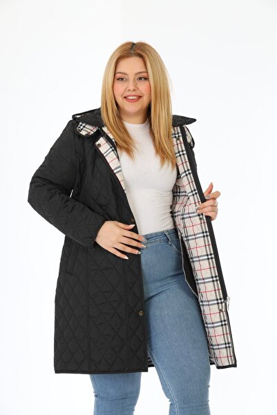 TUTveAL Collection Plus Size Black Quilted Coat - Water Repellent, Spring, Plaid, Cotton Lined