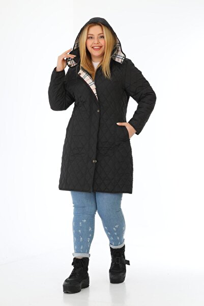 TUTveAL Collection Plus Size Black Quilted Coat - Water Repellent, Spring, Plaid, Cotton Lined