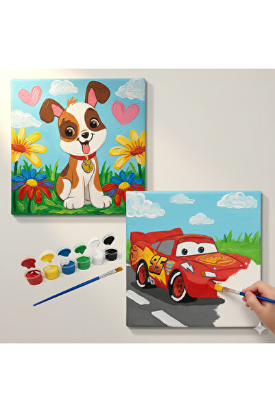 dudugift OKUL Etkinliği-2'li Tuval Boyama Seti. 20x20 Cm Uv Baskı 6 Akrilik B...