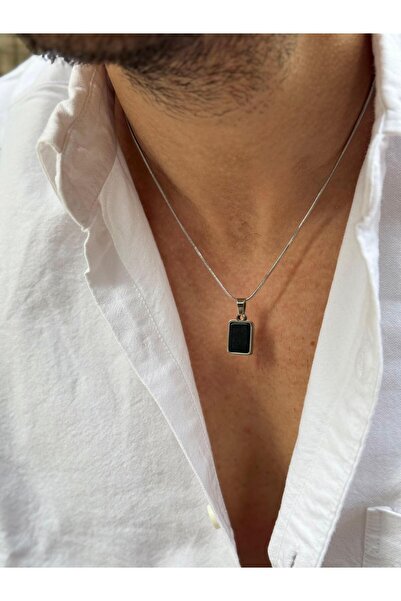 Fjellor Arnoediad Erkek Minimal Dikdörtgen Siyah Oniks Doğal Taş Uçlu Çelik Kolye