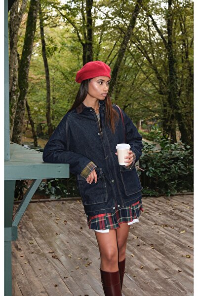 HOPE AND ME Women's Velvet Collar Plaid Lined Blue Jean Jacket