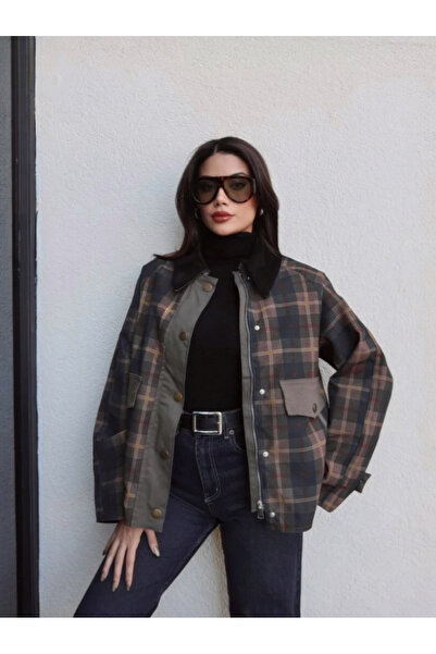 BRTC design Women's Khaki Velvet Collar Plaid Jacket