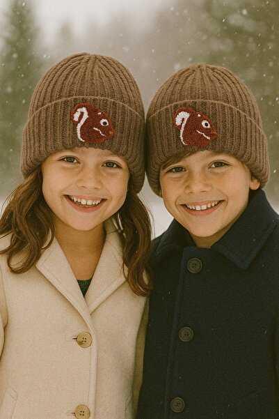 byebruketenci Brown Children's Beret Squirrel Punch Patterned Luxury Wool Hat Christmas Gift