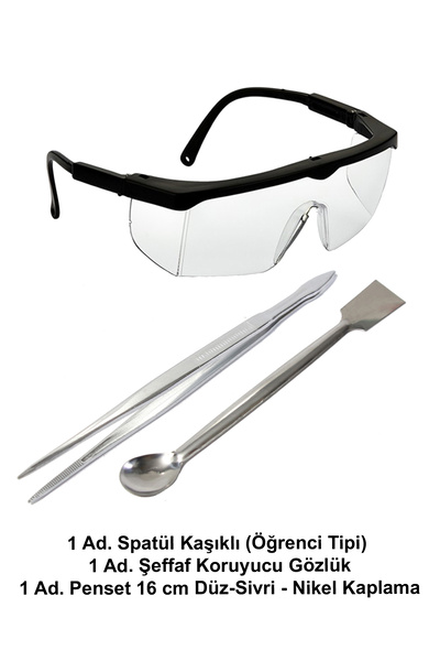 ATEL-SAN Laboratuvar Öğrenci Seti - B / Spatül Öğrenci Tipi + Koruyucu Gözlük + Penset 16 Cm Düz-Sivri Uçlu