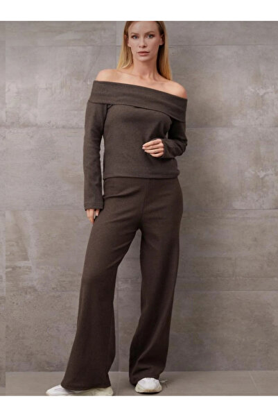 glanour Brown Burgundy Corduroy Camisole Fabric High Neck Top with Bottom Pants 2-Piece (2 Sets)