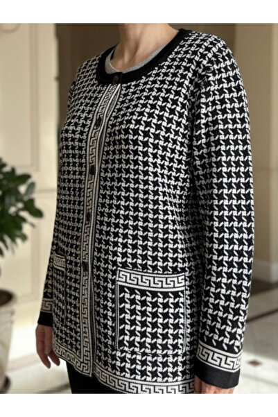 MBT Triko Bisiklet Yaka TEKTRİKO Pötikare Desen Hırka / Siyah Krem