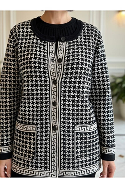 MBT Triko Bisiklet Yaka TEKTRİKO Pötikare Desen Hırka / Siyah Krem