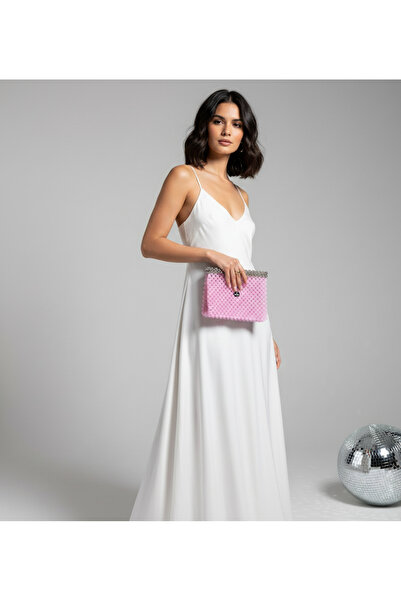 Las Perlas حقيبة يد بتصميم خرز غير لامع باللون الوردي