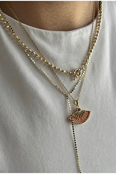 Xui Gold Zincir Taş ve İşleme Detaylı Kırmızı Yelpaze Kolye