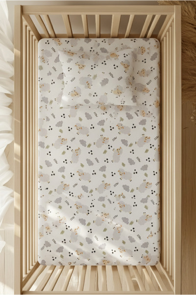 pistore طقم ملاءات سرير مطاطية من القطن بنسبة 100% - سرير بارك بنمط خروف 70x1...