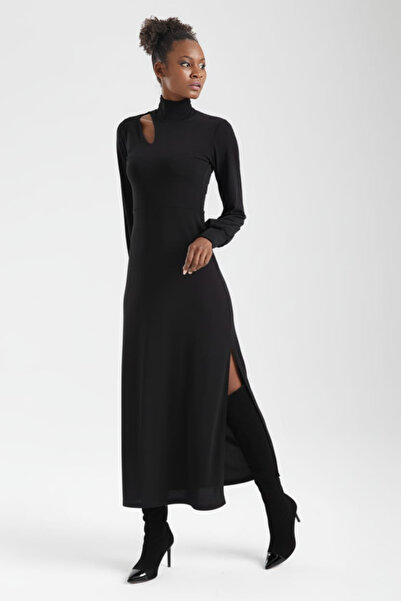 By Yaren Yazıcı فستان نسائي أسود بأكمام بالون وفتحات وياقة دائرية شق أناقة من...