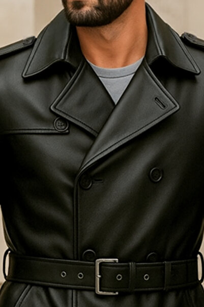 DERİJE Lugano Hakiki Deri Erkek Siyah Trençkot