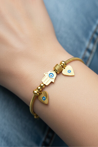 Modacaprea Çelik Nazarlı Hamsa Charmlı Kadın Çelik Bileklik – 17+2 Cm Altın R...