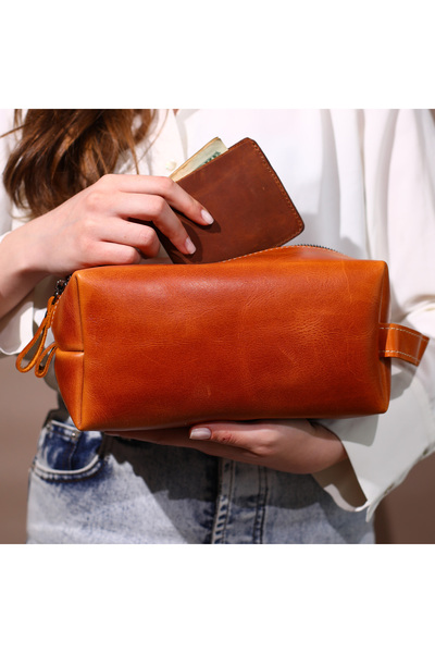 DeriForm Premium Hakiki Unisex Deri DoppKit Küçük Beden El Çantası