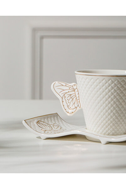 Malooki Set de 6 cești de cafea cu farfurioare – Fluture – Auriu - 180 ml