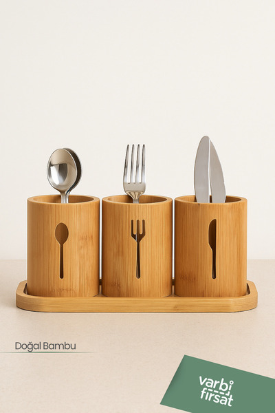 Varbifırsat Natural Bamboo Cutlery Holder – 3-Piece Kitchen Organizer