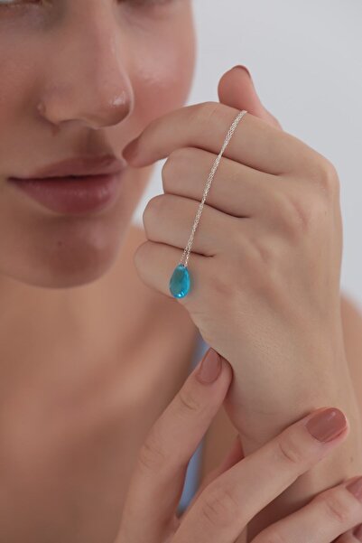 A-STİL TAKI 925 Ayar Gümüş Akuamarin Damla Taş Kolye-Hediye Kutulu