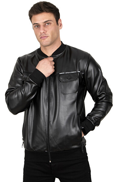 DeepSEA Ανδρικό μαύρο παλτό κολλεγιακό με φερμουάρ και λεπτομέρεια από συνθετικό δέρμα 23020660