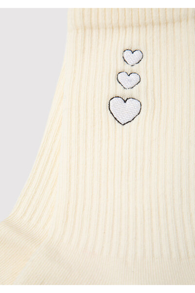 Mavi Kalp Nakışlı Ekru Soket Çorap 1913542-70048