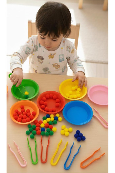 kaan oyuncak مجموعة أكتارما (6 أوعية و6 ملاقط) 100 قطعة من كرات البومبوم المل...