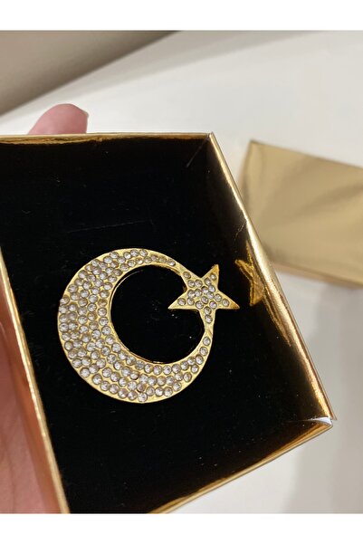 MODA Mineleşarp ay yıldız simgeli taşlı yaka iğnesi broş özel kutuda gönderilir