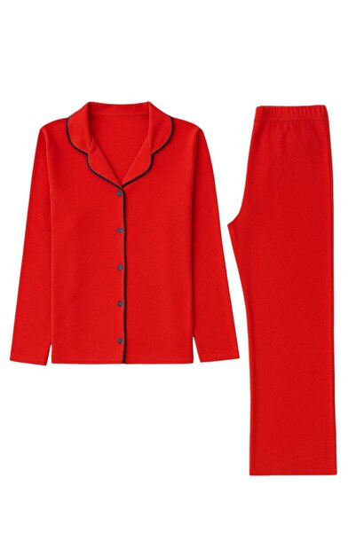 Sude HOMEWEAR Red Color Piped Cotton Shirt Long Sleeve Pajama Set