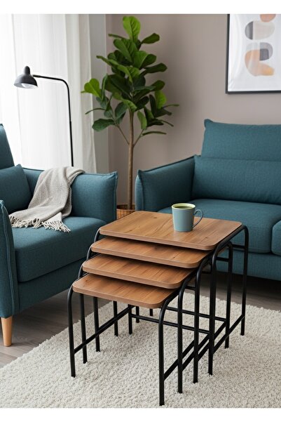 HOMEBELLA Ceviz 4'lü Zigon Sehpa Metal Statik Siyah Ayaklı Üreticiden E1 Tse ...