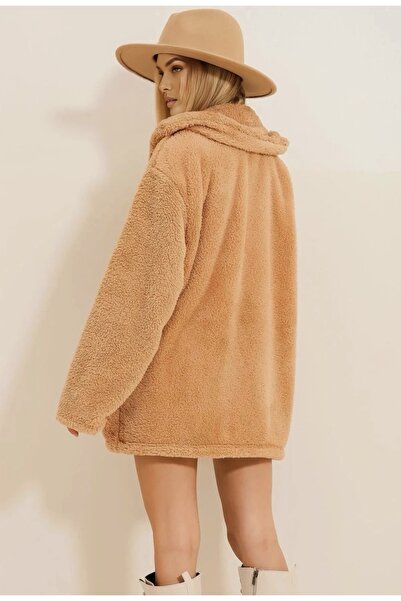 trendlina Дамско дълго палто от флис с двойни джобове, закопчаване отпред и без подплата