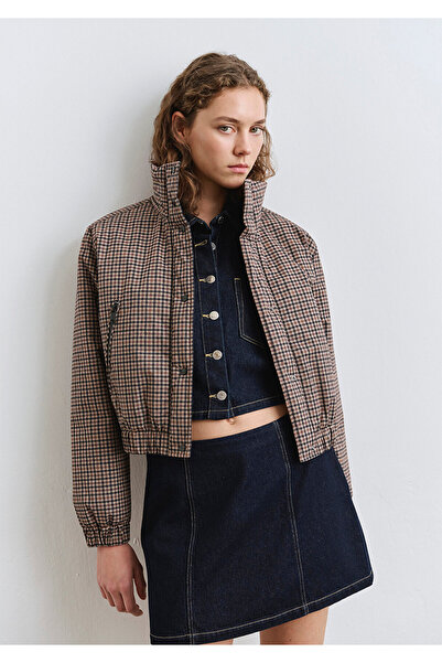 Mavi Kahverengi Kareli Şişme Mont 1110269-90373