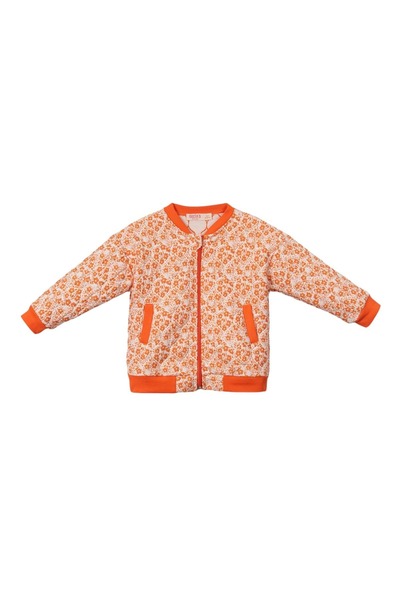 Necix's Flowered Quilted Unpadded Coat with Denim Pants Three-Piece Set Orange
