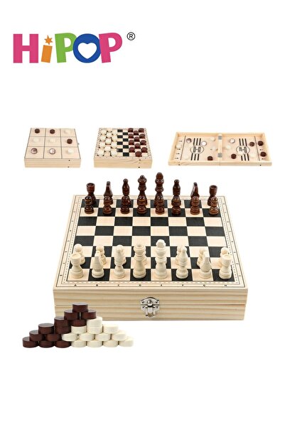 HIPOP 4 In 1 Board Game,Chess,Checkers,TIC TAC TOE,Sling Puck Game,Wooden Educational Interactive Game