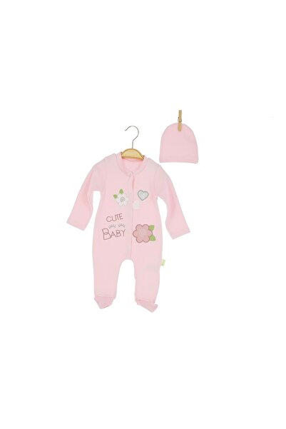 atabay Daisy Heart Embroidered Hat and Booties Combed Cotton Romper Pink