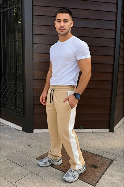 Silerra Men's Three Thread Winter Cotton Side Trim Thick Striped Pocket Sweatpants - Beige