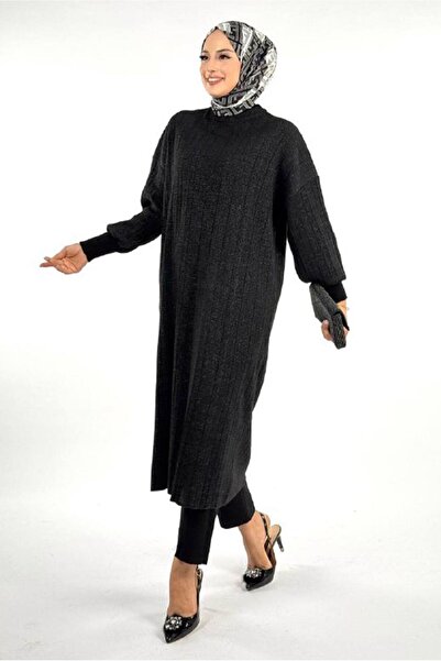 TRENDTESETTÜR Women's Black Ribbed Knit Tunic t 20381