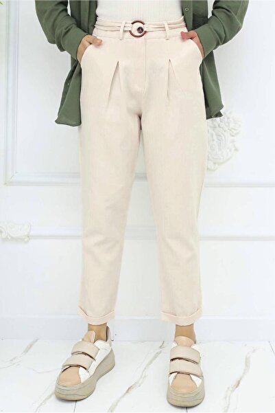 TRENDTESETTÜR Women Beige Belted Linen Pants t 0666