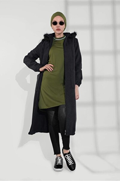 TRENDTESETTÜR Women's Khaki Shiny Detail Round Neck Tunic 0712