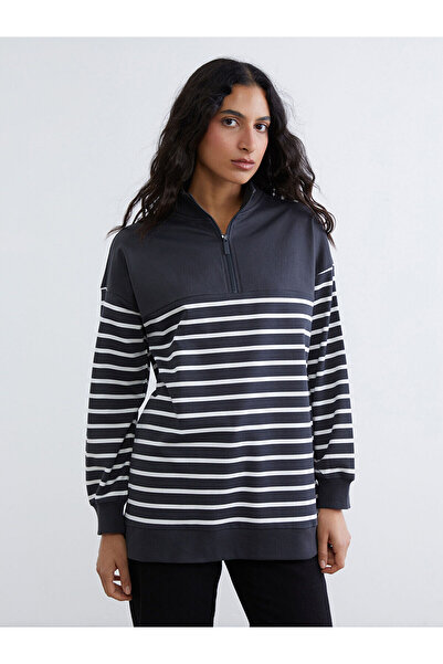LC Waikiki Lcw Modest Stand Collar Striped Women's Sweatshirt Tunic