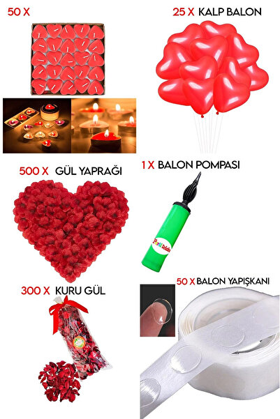 Parti dolabı 50 Kalp Mum, 25 Kalp Balon, 500 Gül Yaprağı, 300 Kuru Gül, 1 Balon Pompası Evlilik Teklifi Paket Set