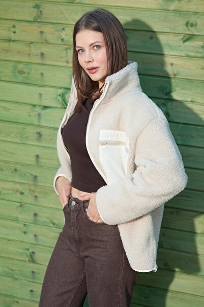 Fulla Moda Zippered Single Pocket Stand Collar Plush Coat