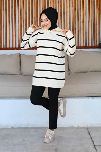 ribana Γυναικεία χιτζάμπ ρούχα γιακάς κάθετη ριγέ φερμουάρ Πλεκτό τουνίκ-πουλόβερ