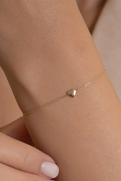 AMES GOLD KUYUMCULUK 14 Ayar Altın İnce Zincirli Küçük Kalp Detaylı Bileklik