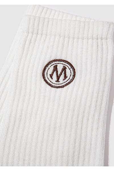 Mavi Mühür Logo Baskılı Ekru Soket Çorap 0911756-30701