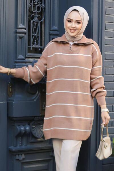 ribana ملابس نسائية محتشمة، سترة تريكو بياقة عالية وخطوط عمودية وسحاب