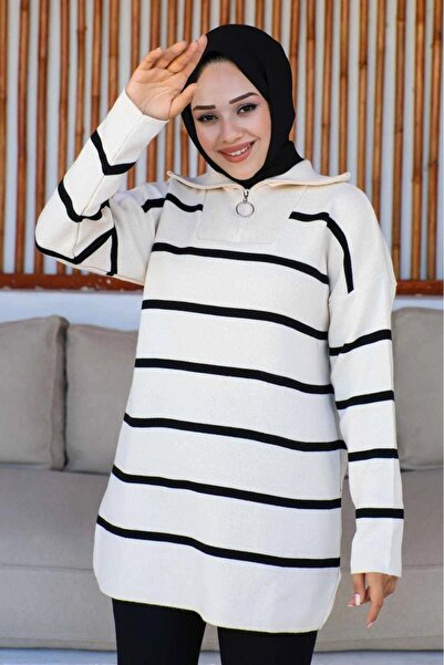 ribana Γυναικεία χιτζάμπ ρούχα γιακάς κάθετη ριγέ φερμουάρ Πλεκτό τουνίκ-πουλόβερ